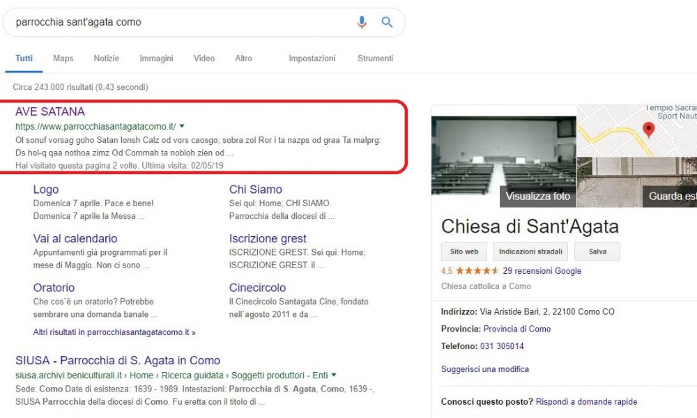 “Ave satana”, sito della parrocchia attaccato da pirati satanisti