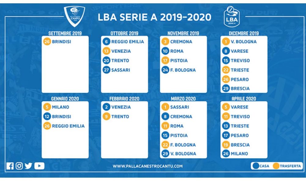 Pallacanestro Cantù, ecco il calendario: debutto in trasferta contro Brindisi. Il girone si chiude con il derby contro Milano
