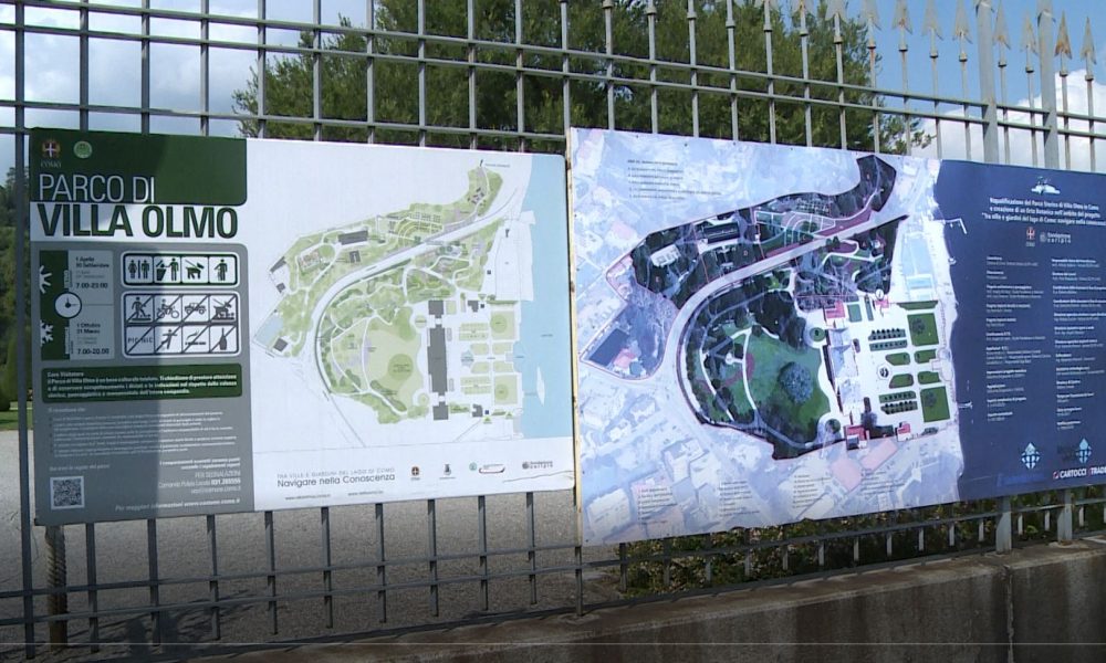 Villa Olmo, via le panchine circolari, non si vedono le sedute mobili. Turisti nei prati, nonostante i divieti