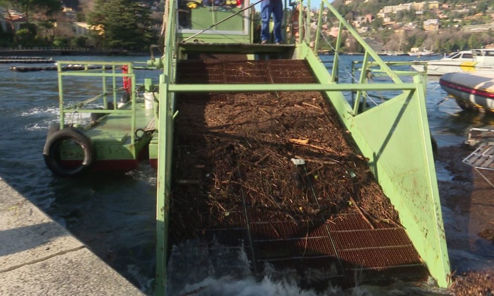 Montagna di detriti dopo il maltempo, battello spazzino al lavoro nella zona dell’hangar