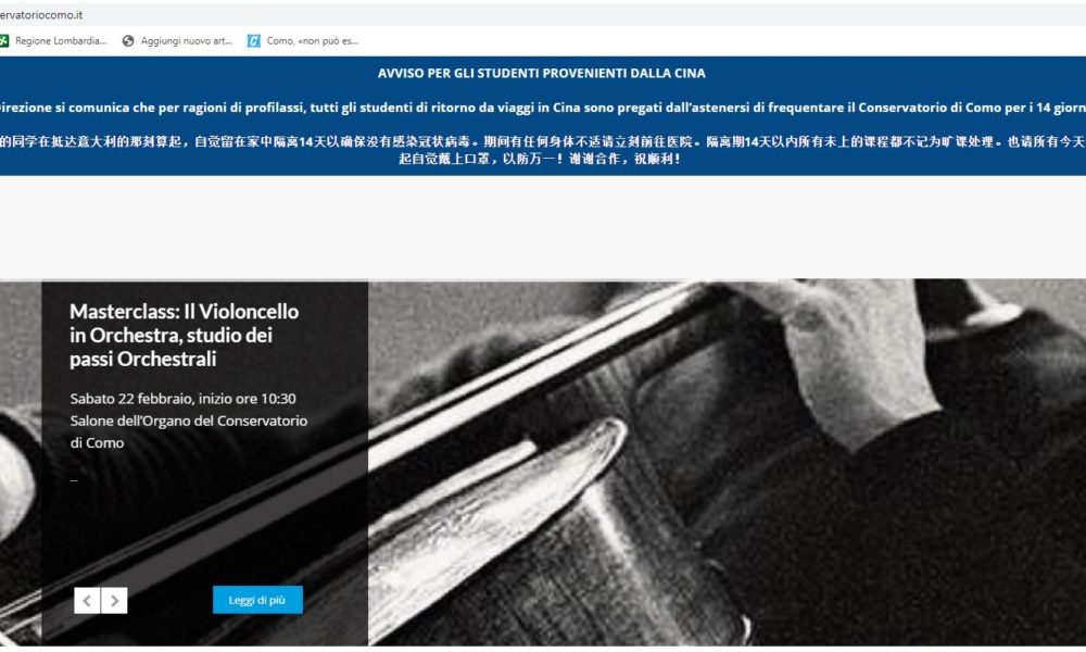 Il coronavirus fa paura, il Conservatorio di Como: “Gli studenti di ritorno dalla Cina non vengano a lezione”