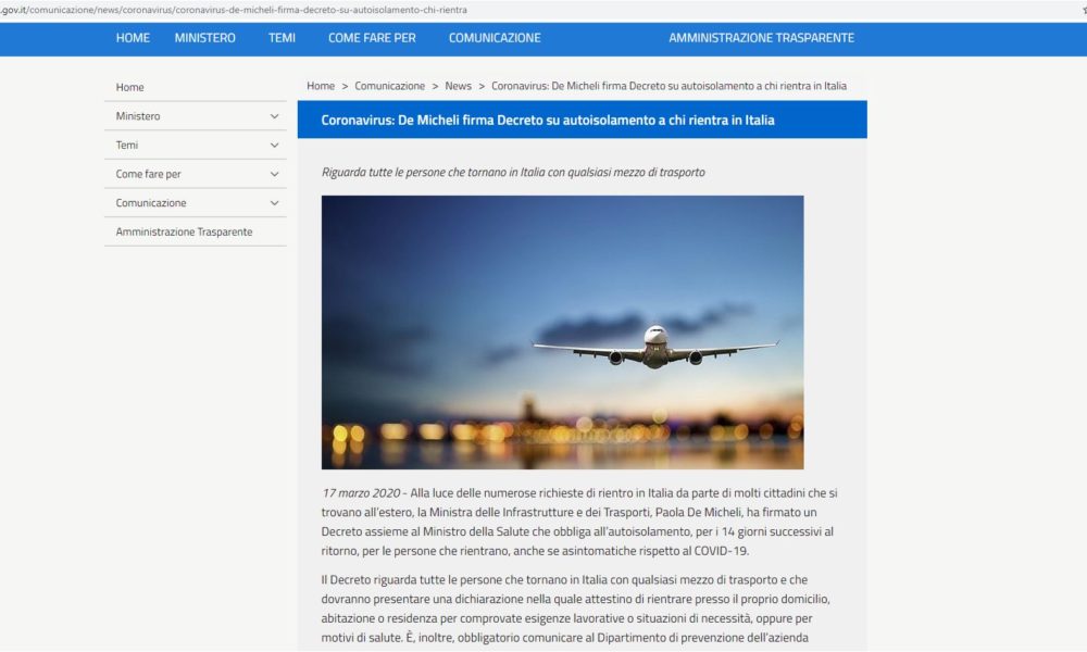Il decreto del ministero dei Trasporti: rientri in Italia, autoisolamento per 14 giorni