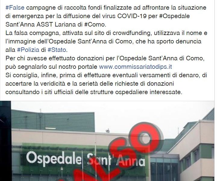 Falsa raccolta fondi per il Sant’Anna, l’allerta della polizia di Stato