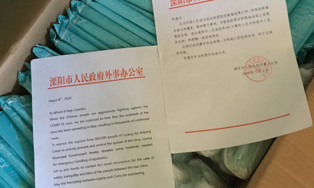 Amicizia tra Como e Liyang: il sindaco della città cinese spedisce 22mila mascherine