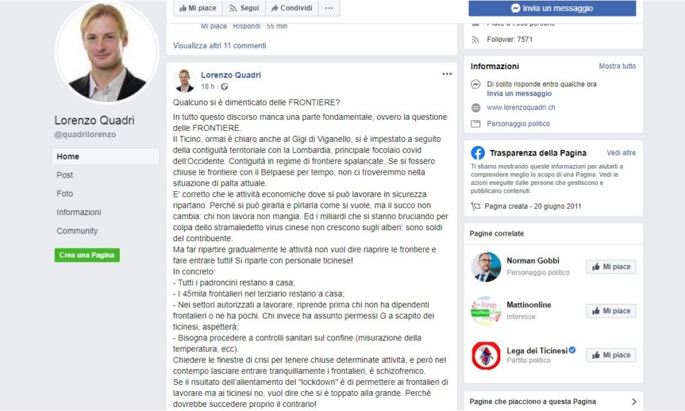 Lega dei ticinesi, Quadri contro i frontalieri. Azione Como: ”Speculazione politica intrisa di razzismo”