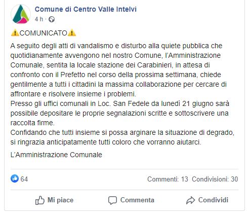 Centro Valle Intelvi, l’amministrazione chiama i cittadini a segnalare atti vandalici