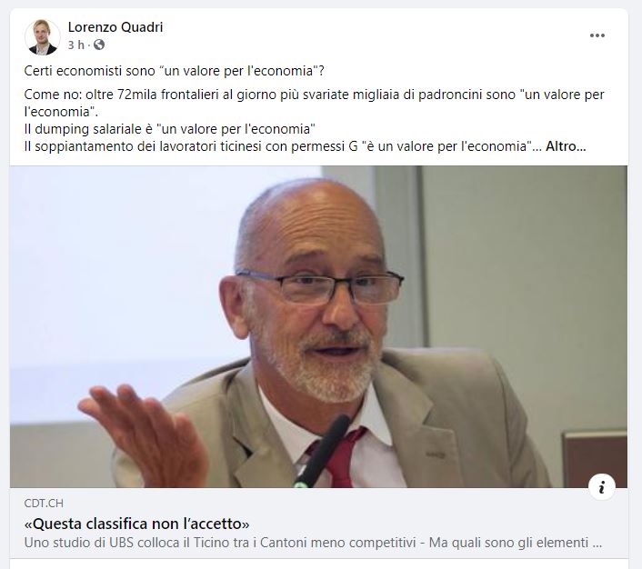 Canton Ticino poco competitivo. L’economista Maggi: “I frontalieri un valore”, critico Quadri (Lega)