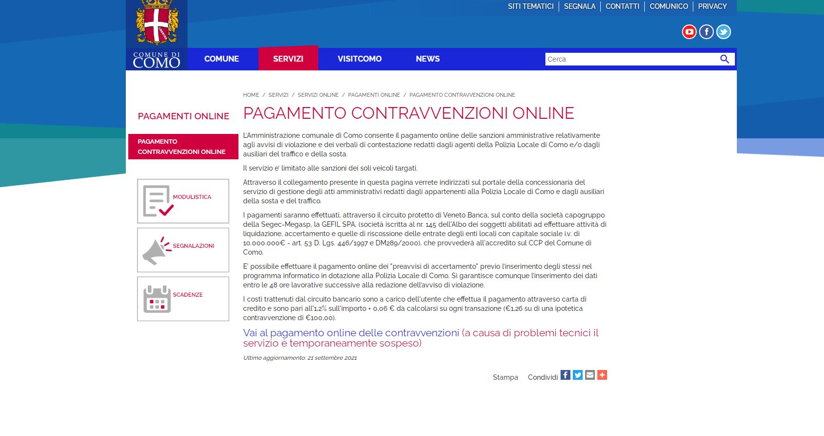 Como, pagamento online delle multe. Il sito del Comune non funziona, disagi per i cittadini