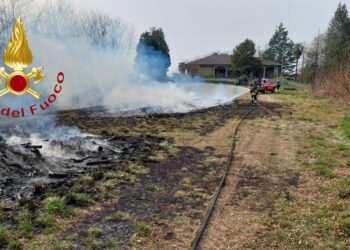 Incendio di una catasta di legna, vigili del fuoco in azione