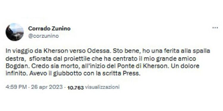 L'inviato di Repubblica su Twitter: 'Un dolore infinito'