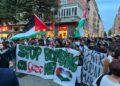 Centinaia persone con bandiere e striscioni. "Palestina libera"