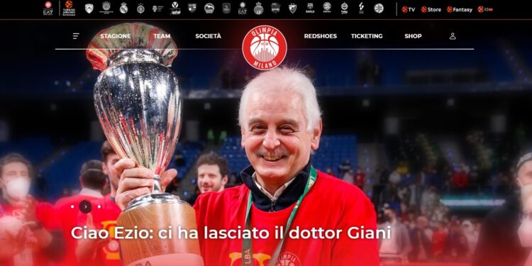 Ezio Giani ricordato sull'homepage dell'Olimpia Milano