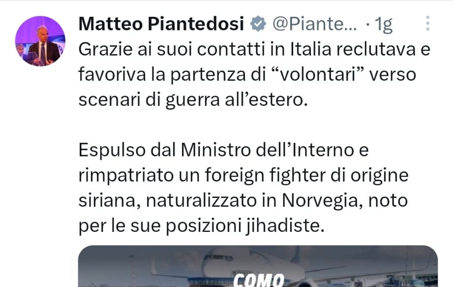 Foreign fighter siriano fermato in provincia di Como, espulso e rimpatriato. L’annuncio di Piantedosi