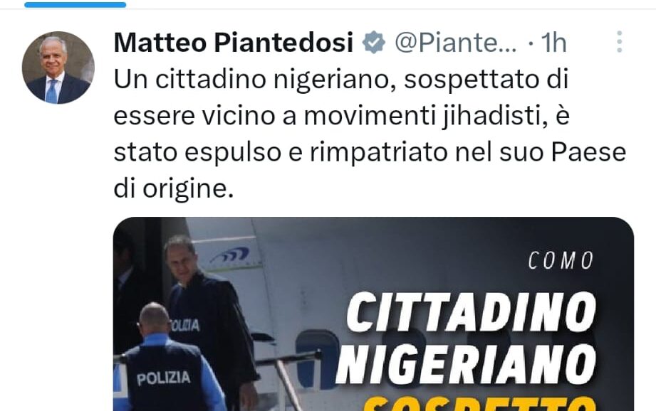 Sospetto jihadista nigeriano fermato nel Comasco e poi espulso. L’annuncio su X di Piantedosi