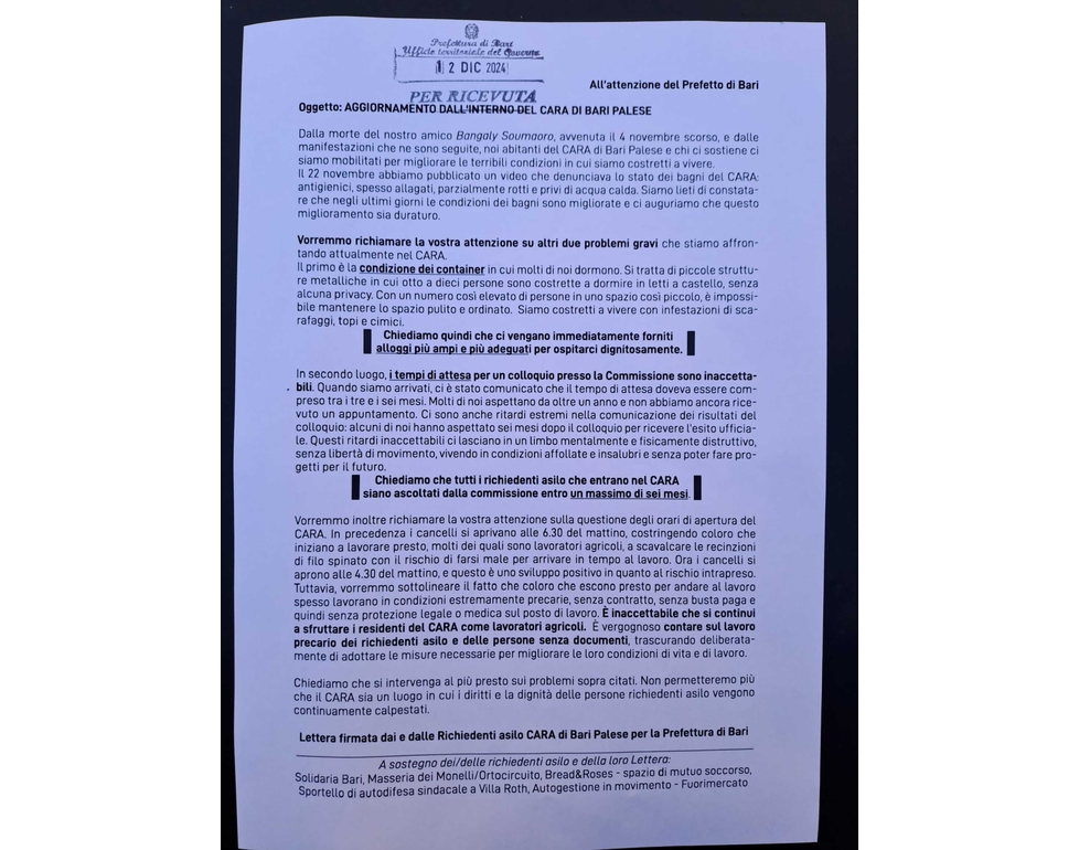 Lettera migranti Cara a prefetto Bari, ‘chiediamo più dignità’