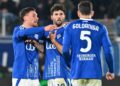 Gabrielloni, Cutrone e Goldaniga dopo la rete dell'1-0 contro la Roma (foto Roberto Colombo)