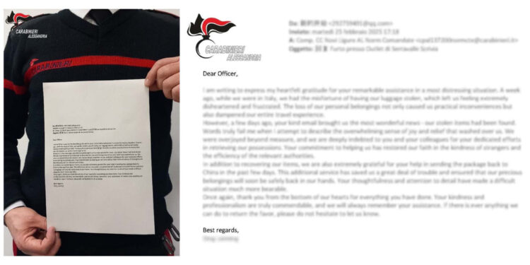 Da Shangai ringraziano carabinieri