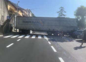 Il camion bloccato sulla Statale Regina (foto Nicola Cima)