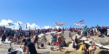 Folla al porto con fumogeni e bandiera della Palestina