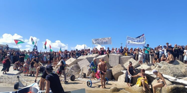Folla al porto con fumogeni e bandiera della Palestina