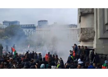I manifestanti lanciano oggetti