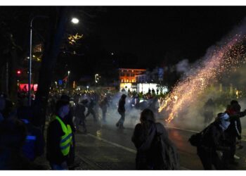 Manifestanti bloccati a margine del corteo pro Pal