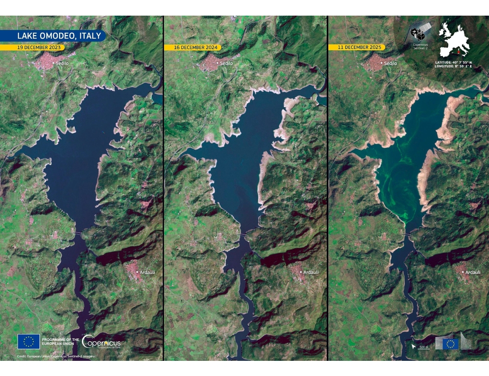 Emergenza idrica in Sardegna, foto dal satellite mostrano il lago Omodeo che si svuota