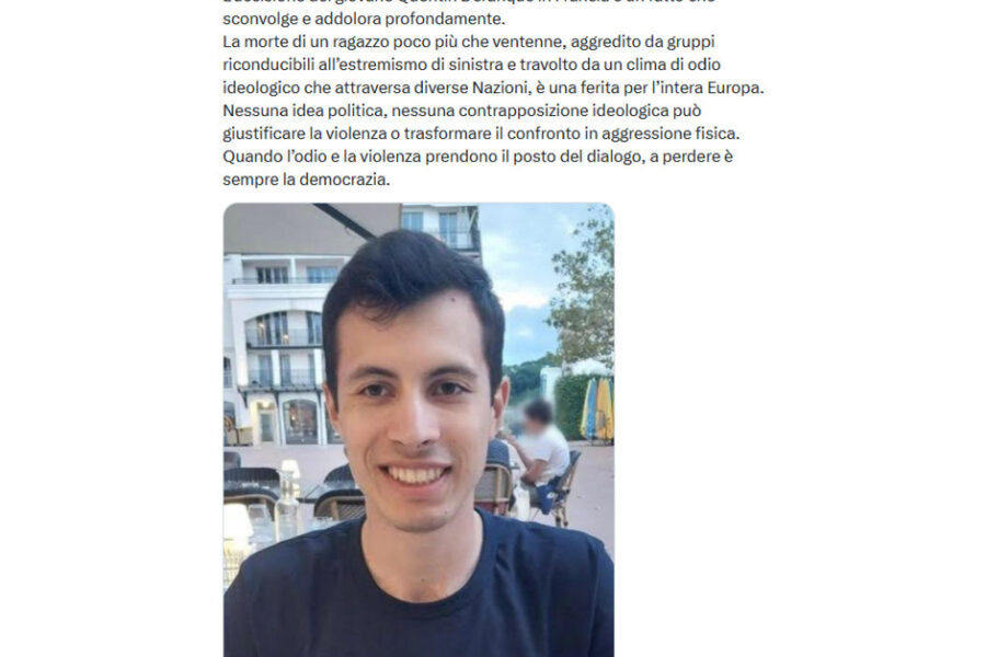 "Dalla premier cordoglio per Deranque e condanna all'odio ideologico"