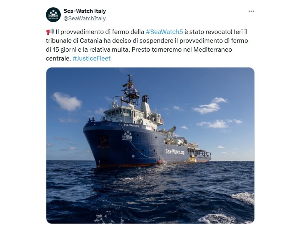 Sea Watch 5, ‘Tribunale di Catania ha sospeso il fermo’