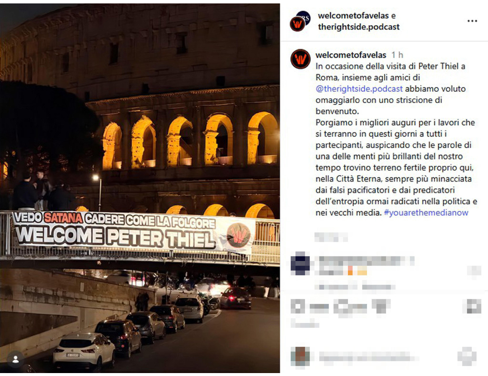 Peter Thiel a Roma, striscione al Colosseo ‘benvenuto’