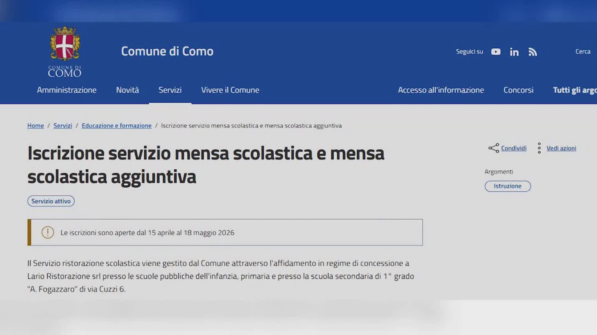 Mense scolastiche e servizi integrativi, a Como iscrizioni aperte fino al 18 maggio