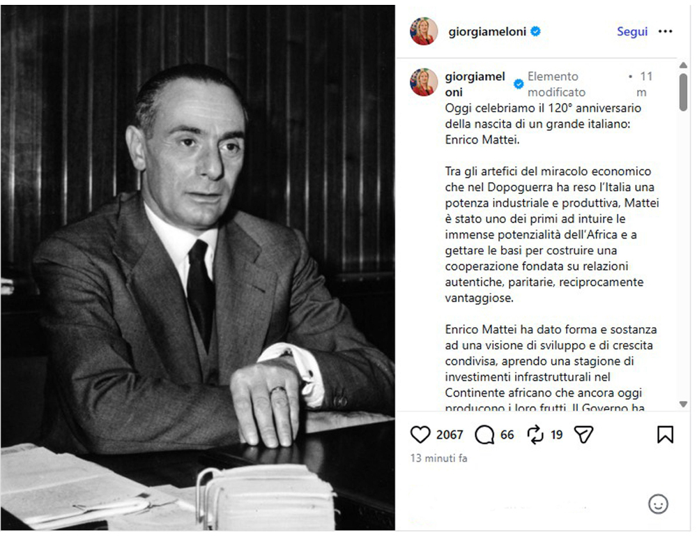 Meloni, Mattei ispirazione quotidiana nostro impegno, continueramo a farne tesoro
