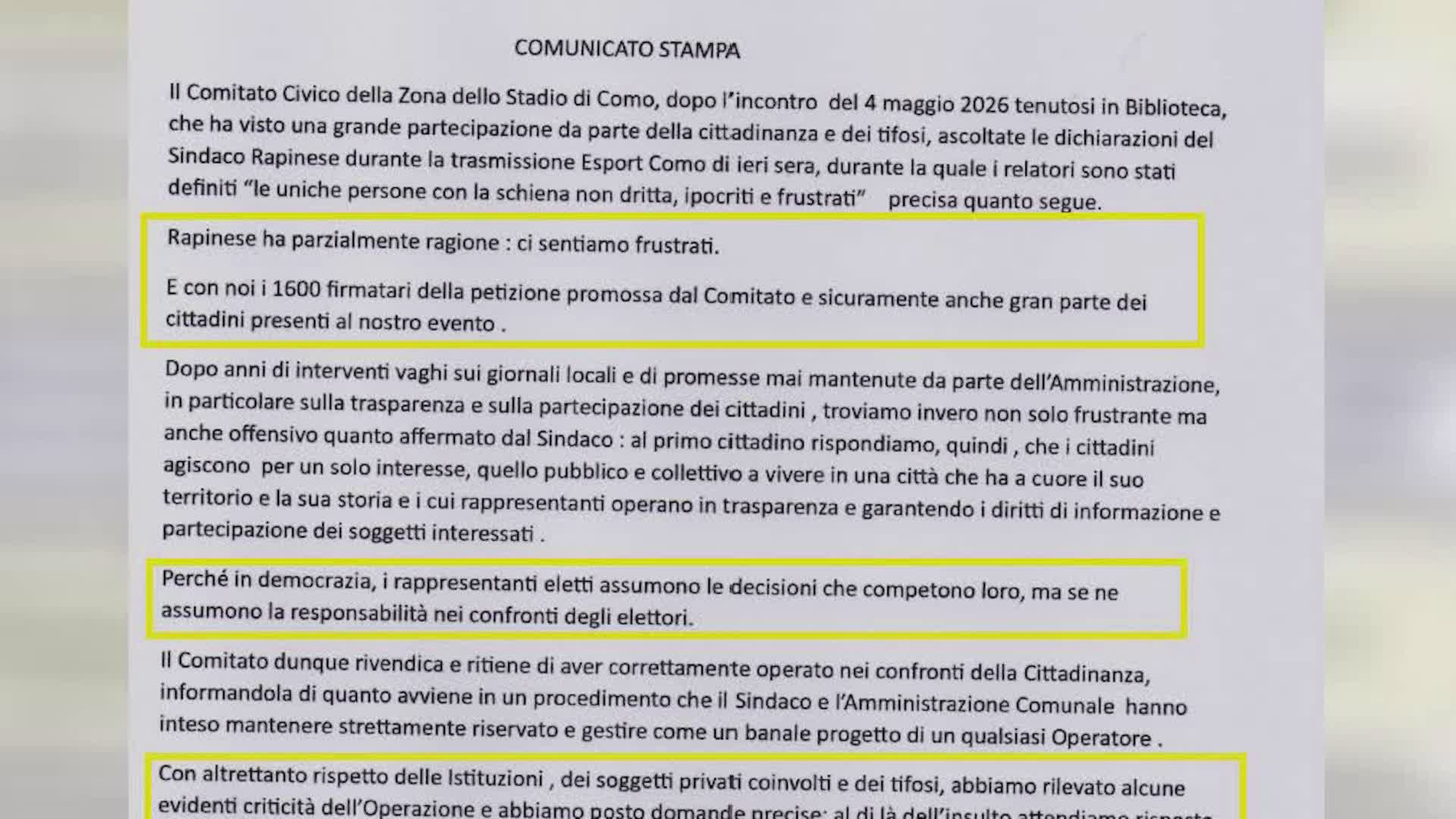 Nuovo Stadio, il sindaco al comitato: “Frustrati”. La replica: “Basta insulti, vogliamo risposte”