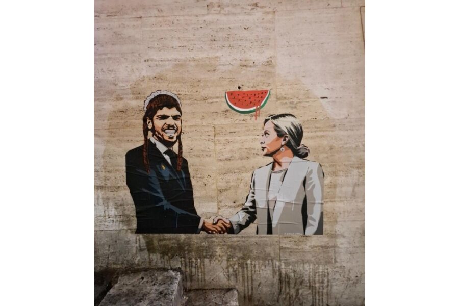 Blitz della street artist nelle due capitali in supporto di Justice for Palestine