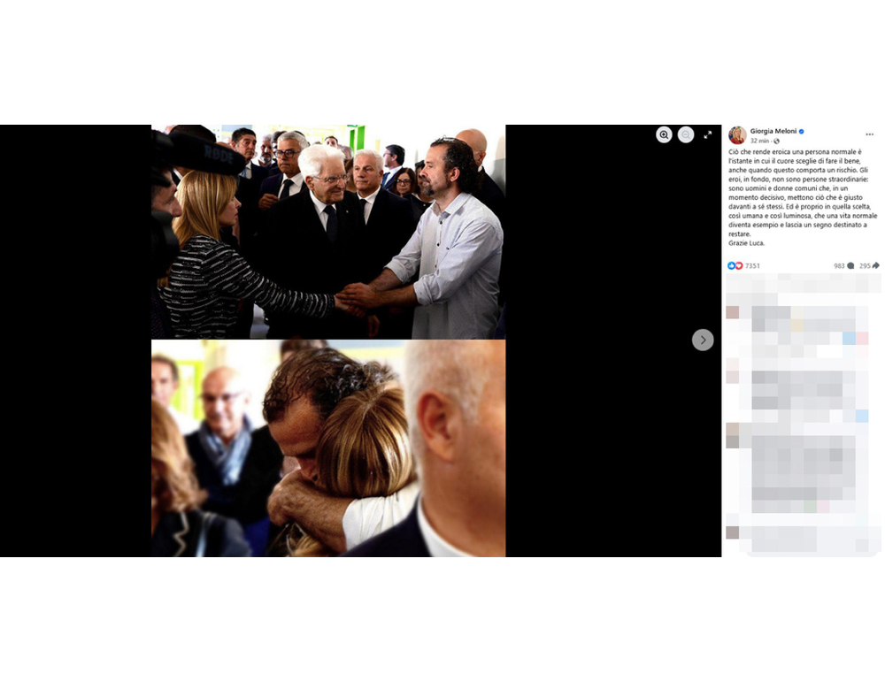 Meloni ringrazia Signorelli, eroe è chi sceglie il bene anche quando è rischioso