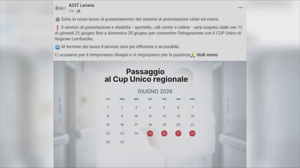 Asst Lariana, prenotazioni sospese. Lo stop per l’attivazione del Cup unico regionale