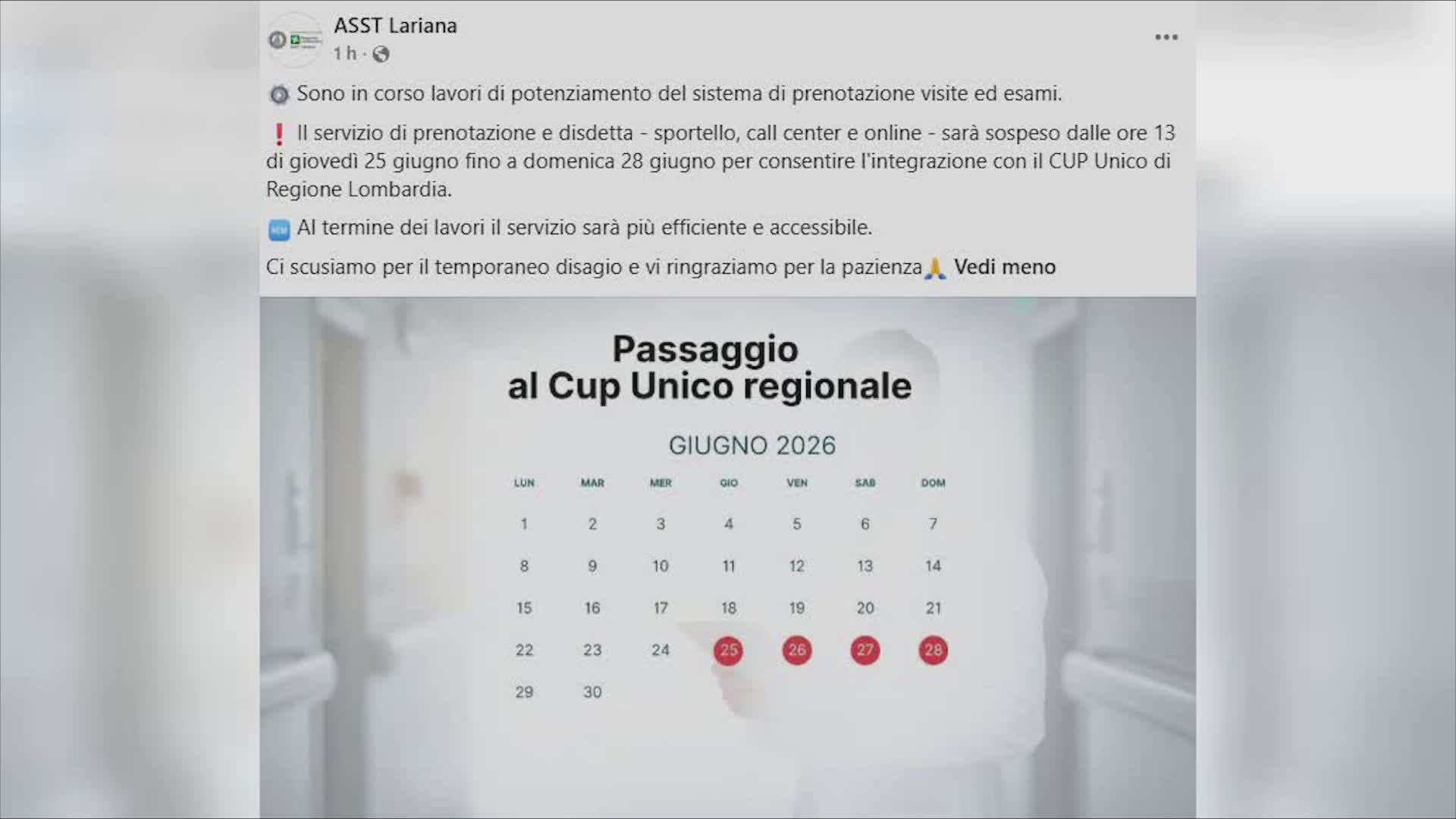 Asst Lariana, prenotazioni sospese. Lo stop per l’attivazione del Cup unico regionale