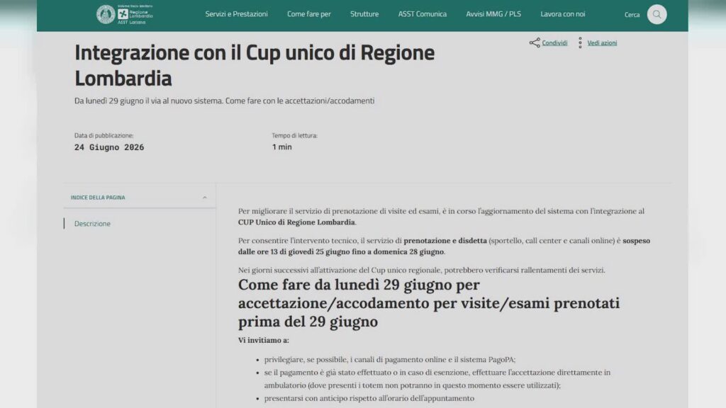 Asst Lariana, da oggi attivo il Cup unico regionale: possibili rallentamenti nel servizio
