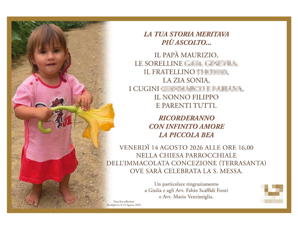 Bimba morta a Bordighera, sindaco proclama lutto cittadino per le esequie