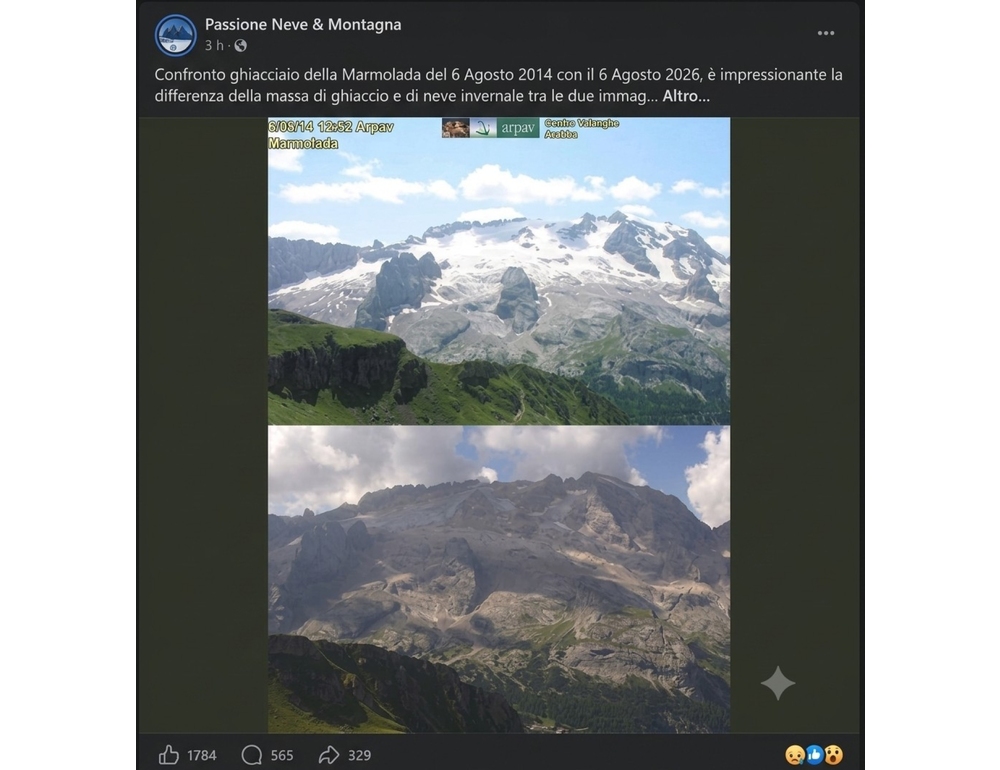 La scomparsa del ghiacciaio della Marmolada documentata da due foto