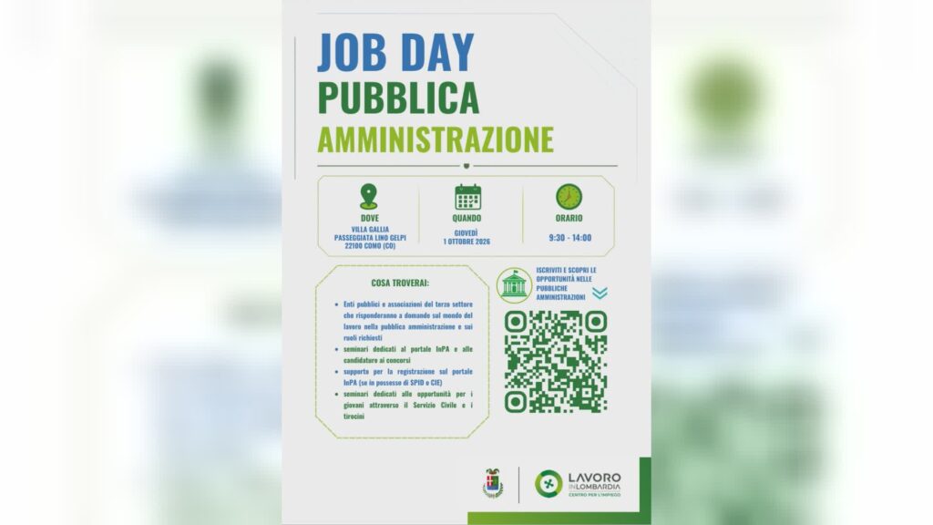 Il Job Day della Pubblica amministrazione il 1° ottobre a Villa Gallia e Villa Saporiti