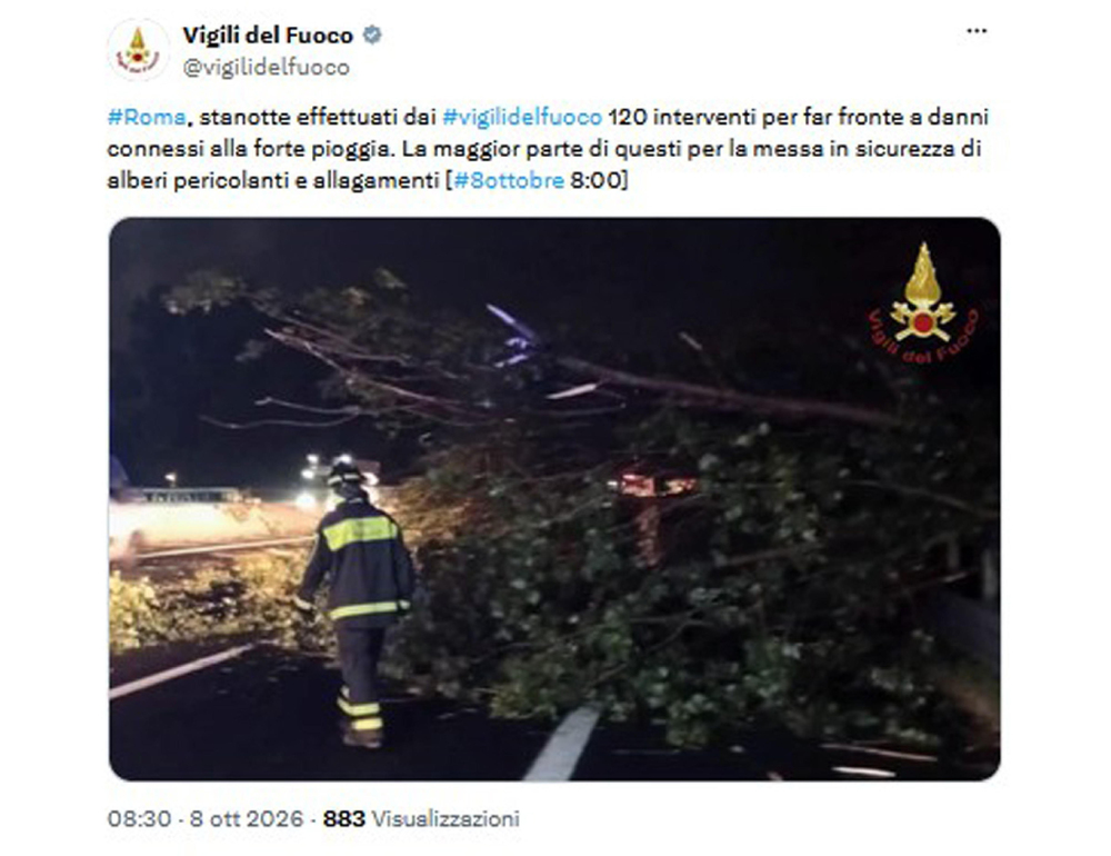 Maltempo: alberi caduti e allagamenti a Roma, 120 interventi dei pompieri